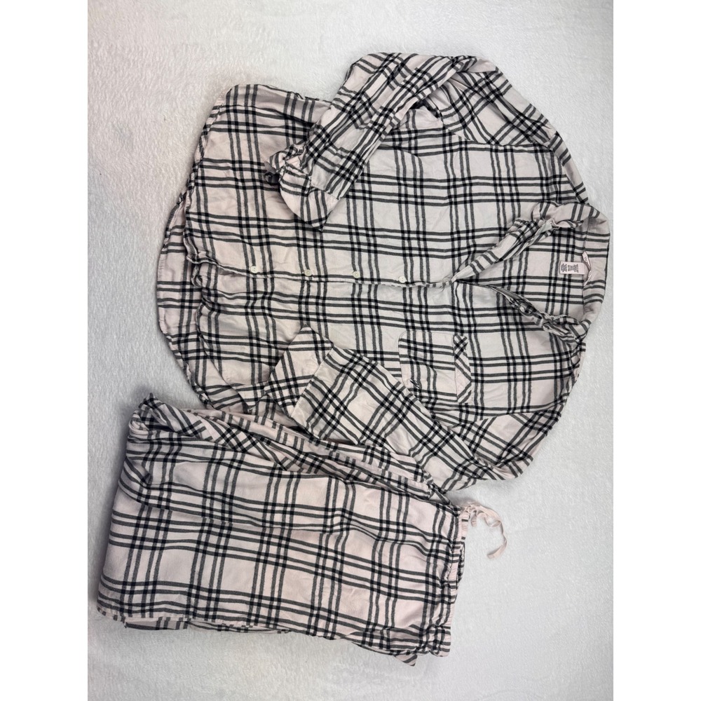 Victorias Secret Pajama Set XL Pink Black Plaid Flannel Button Down Pants 2pc